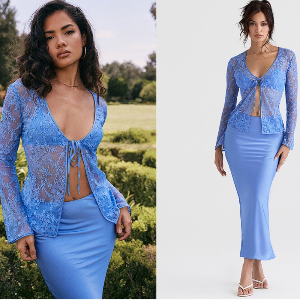 HOUSE OF CB 'Phoebe' Blue Lace Tie Front Top NWOT